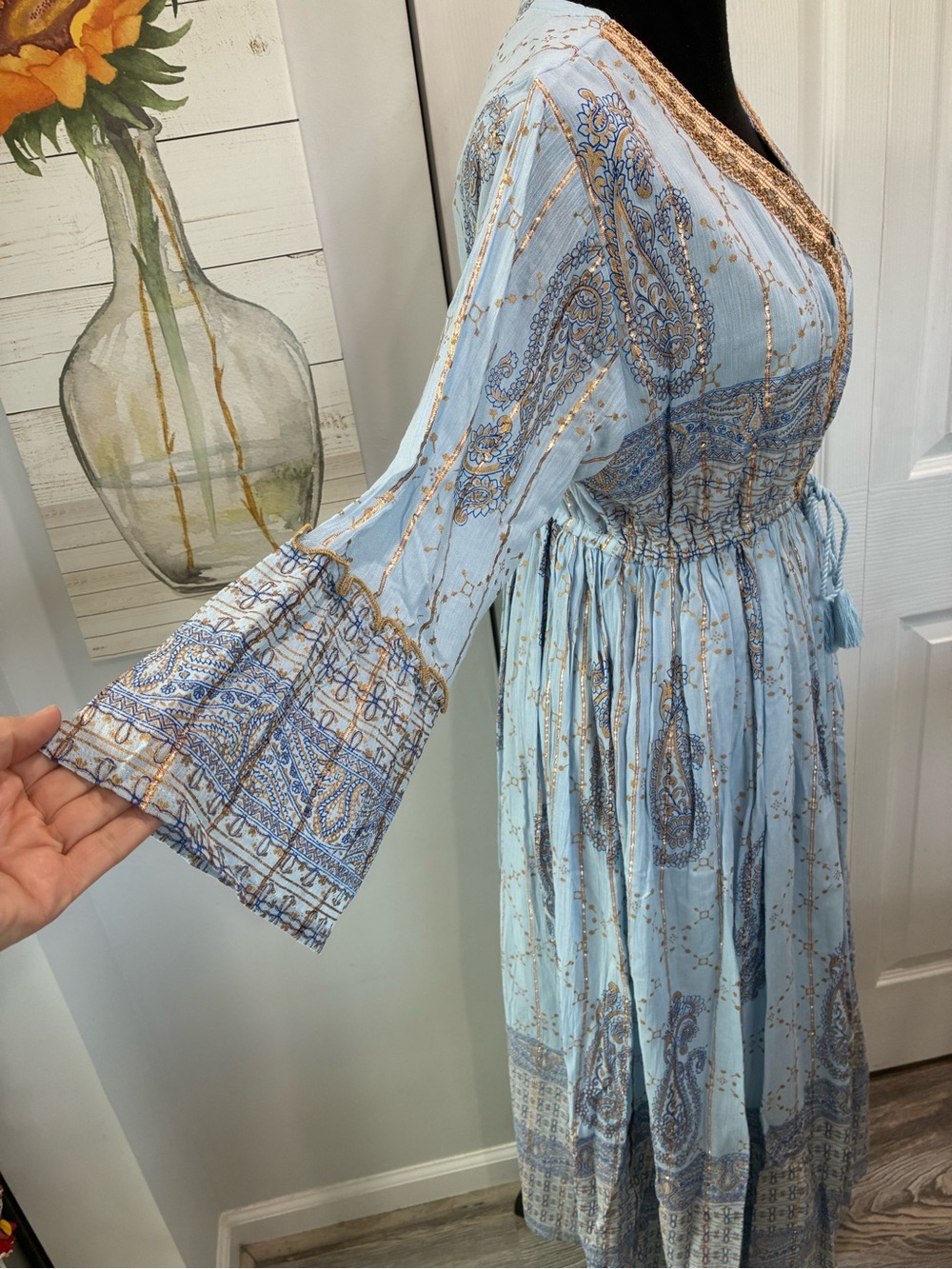 Light Blue Paisley Boho Maxi Dress with Tassel Tie - Picture 3 of 8
